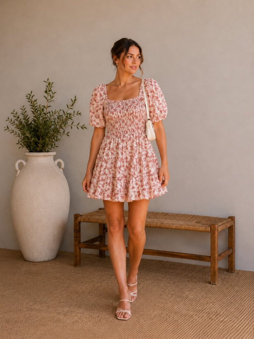 Rahi Floral Smocked Puff Sleeve Tiered Ditsy Mini Dress Sz S